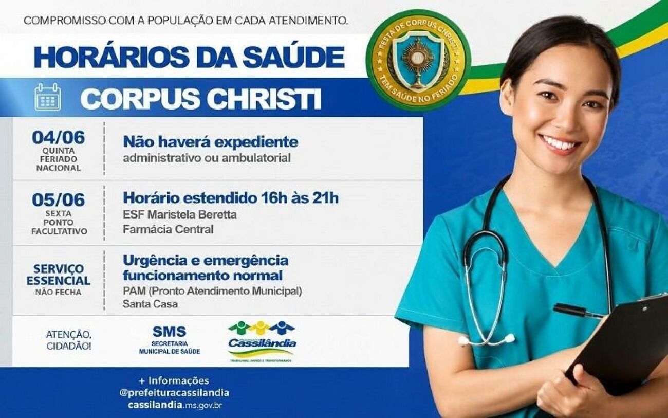 Ilustração da notícia Saúde de Cassilândia divulga funcionamento das unidades durante feriado de Corpus Christi da MS Todo dia